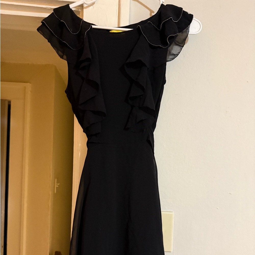 Black Sheath Midi Dress with Mock Neck and Flutter Sleeves